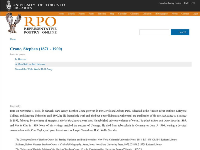 University of Toronto: Selected Poems of Stephen Crane Unit Plan University of Toronto: Selected Poems of Stephen Crane Unit Plan