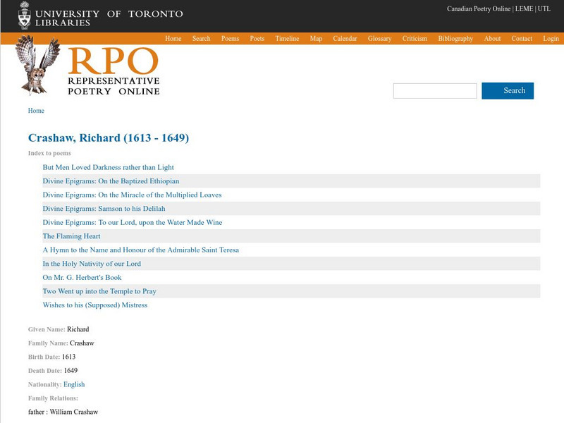 University of Toronto: Richard Crashaw Poetry Website University of Toronto: Richard Crashaw Poetry Website