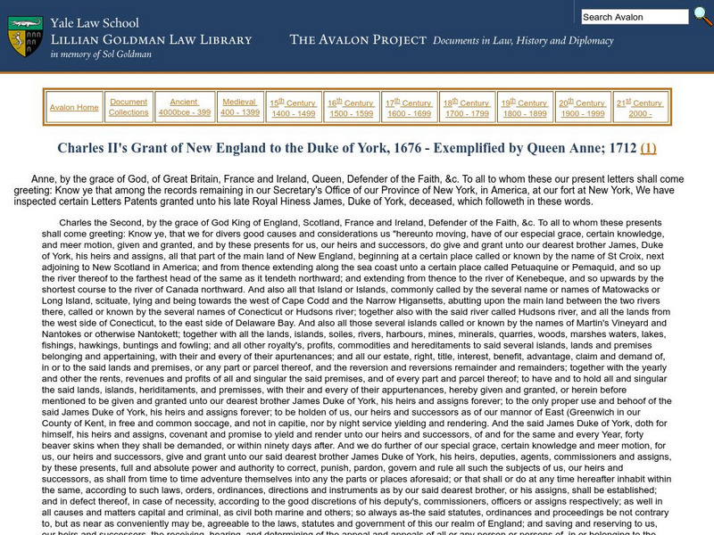 The Avalon Project: Charles Ii's Grant of New England to the Duke of York Primary The Avalon Project: Charles Ii's Grant of New England to the Duke of York Primary