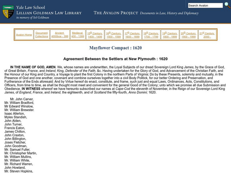 Avalon Project: Mayflower Compact 1620 Primary Avalon Project: Mayflower Compact 1620 Primary