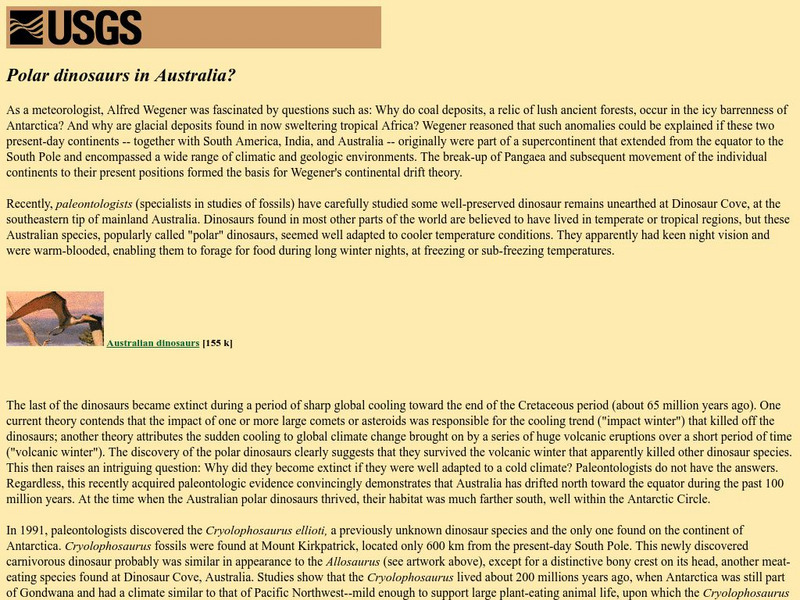 Us Geological Survey: Polar Dinosaurs in Australia? Handout Us Geological Survey: Polar Dinosaurs in Australia? Handout