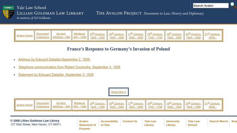 Avalon Project: France's Response to Germany's Invasion of Poland Primary