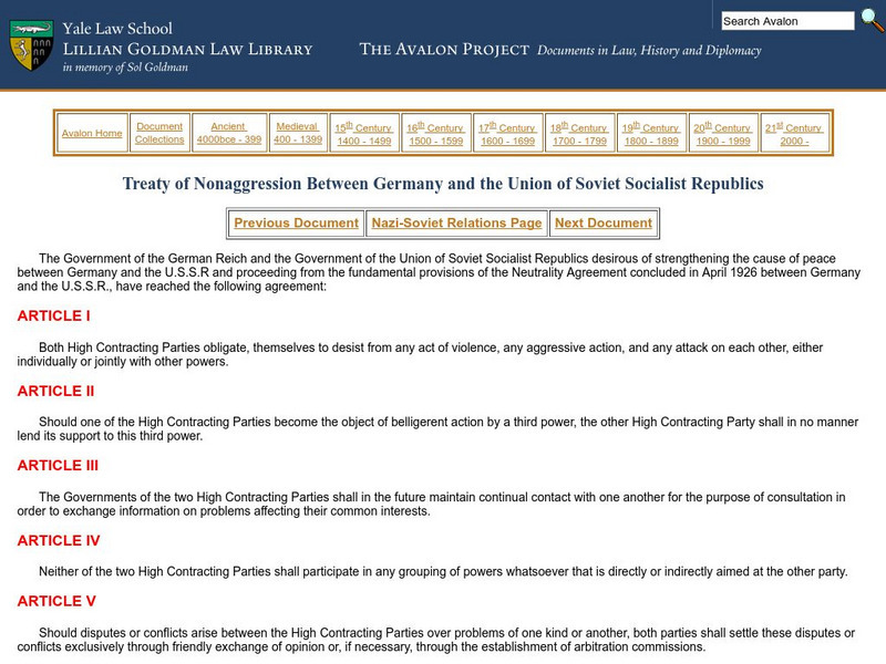 Avalon Project: Treaty of Nonaggression Between Germany and Soviet Union Primary