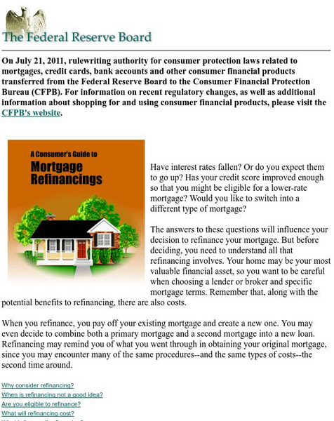Federal Reserve Board: A Consumer's Guide to Mortgage Refinancings Unit Plan