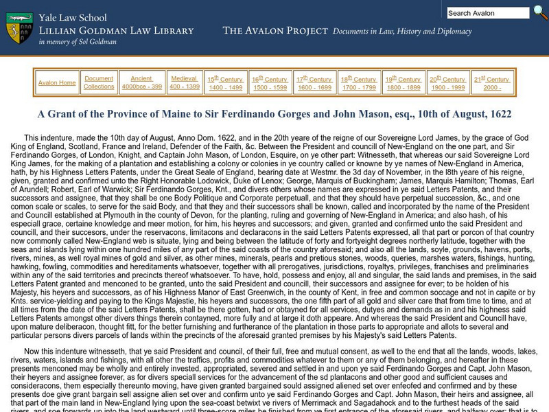 Avalon Project: A Grant of the Province of Maine Primary