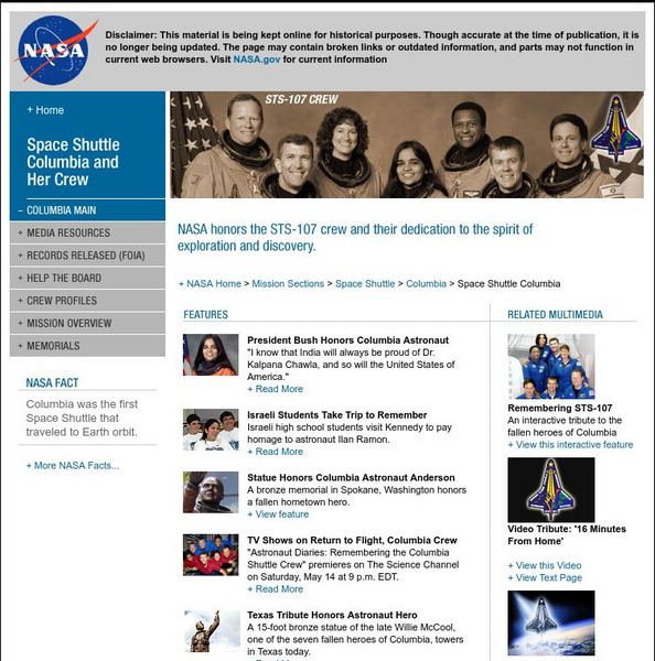 Nasa: Sts 107 (Space Shuttle Columbia) Website Nasa: Sts 107 (Space Shuttle Columbia) Website