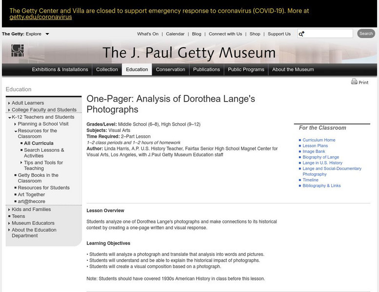 J. Paul Getty Museum: One Pager: Analysis of Dorothea Lange's Photographs Lesson Plan J. Paul Getty Museum: One Pager: Analysis of Dorothea Lange's Photographs Lesson Plan