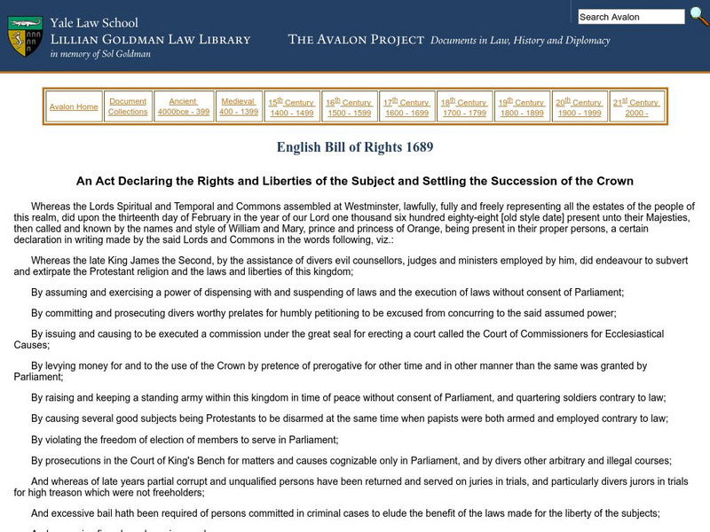 The Avalon Project: The English Bill of Rights 1689 Primary The Avalon Project: The English Bill of Rights 1689 Primary