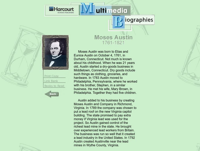 Harcourt: Biographies: Moses Austin 1761 1821 Website Harcourt: Biographies: Moses Austin 1761 1821 Website