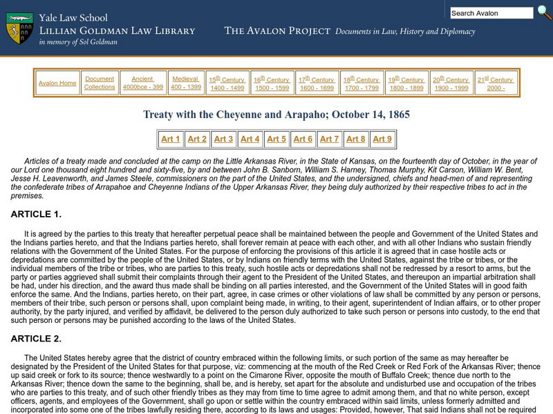 Avalon Project: Treaty With the Cheyenne and Arapaho; October 14, 1865 Primary Avalon Project: Treaty With the Cheyenne and Arapaho; October 14, 1865 Primary