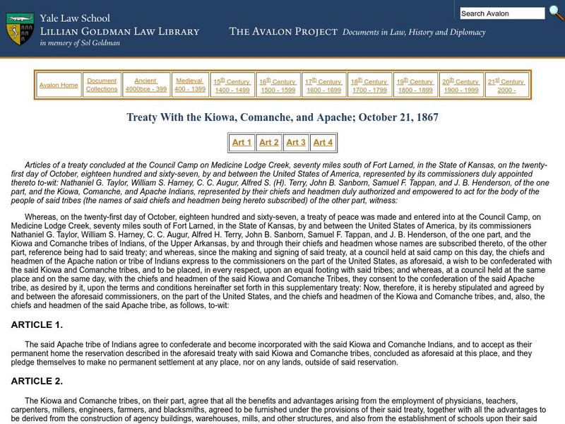 Avalon Project: Treaty With Kiowa, Comanche and Apache; Oct. 21, 1867 Primary