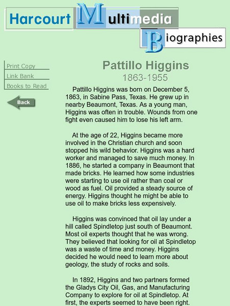 Harcourt: Biographies: Pattillo Higgins 1863 1955 Handout Harcourt: Biographies: Pattillo Higgins 1863 1955 Handout