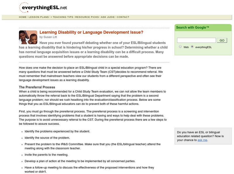 Everything Esl: Learning Disability or Language Development Issue? Article Everything Esl: Learning Disability or Language Development Issue? Article