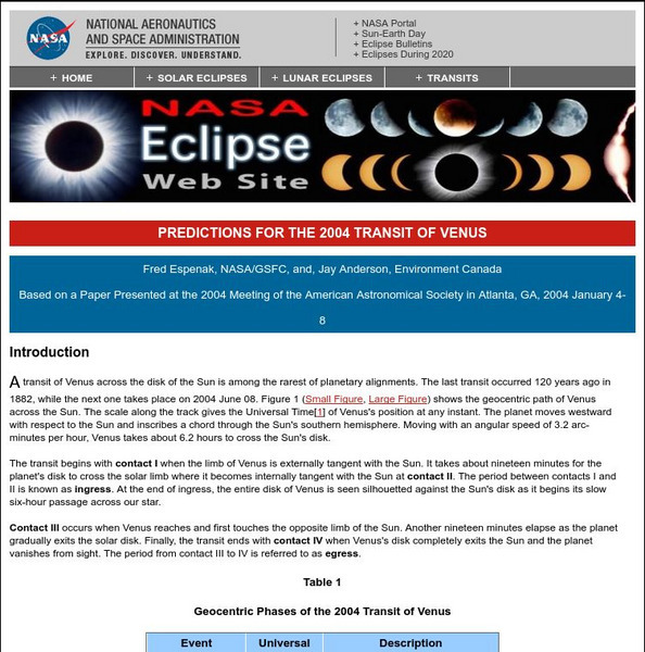 Nasa: Predictions for the 2004 Transit of Venus Website Nasa: Predictions for the 2004 Transit of Venus Website
