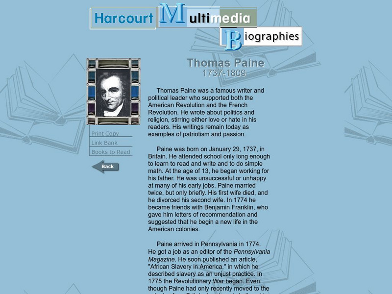 Harcourt: Biographies: Thomas Paine Unit Plan Harcourt: Biographies: Thomas Paine Unit Plan