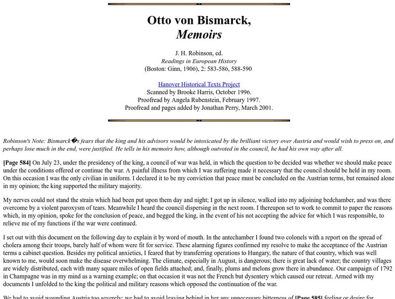 Hanover College: The Memoirs of Otto Von Bismarck Primary Hanover College: The Memoirs of Otto Von Bismarck Primary