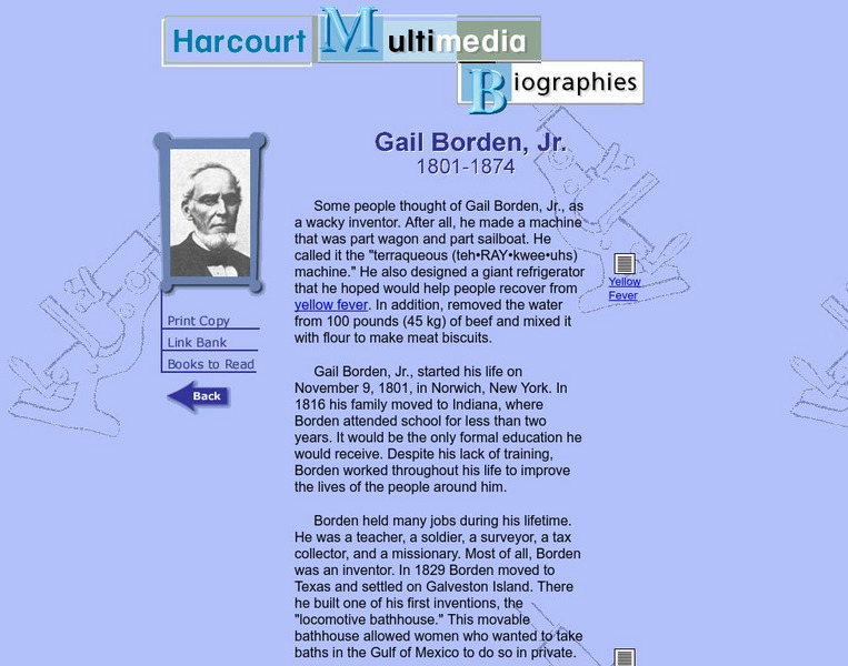 Harcourt: Biographies: Gail Borden, Jr. 1801 1874 Website Harcourt: Biographies: Gail Borden, Jr. 1801 1874 Website