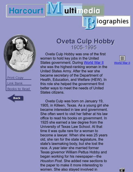 Harcourt: Biographies: Oveta Culp Hobby 1905 1995 Website Harcourt: Biographies: Oveta Culp Hobby 1905 1995 Website