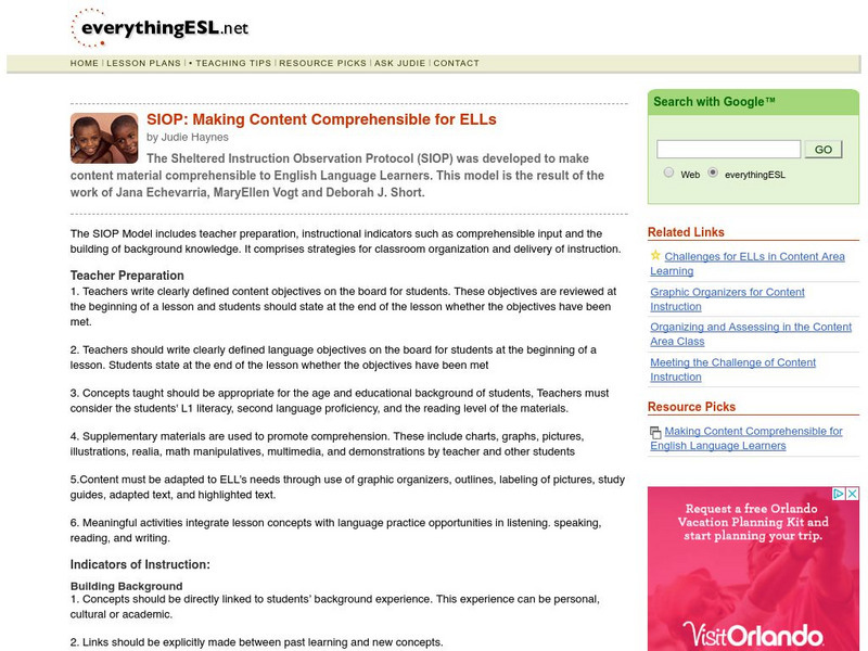 Everything Esl: Siop: Making Content Comprehensible for El Ls Handout Everything Esl: Siop: Making Content Comprehensible for El Ls Handout