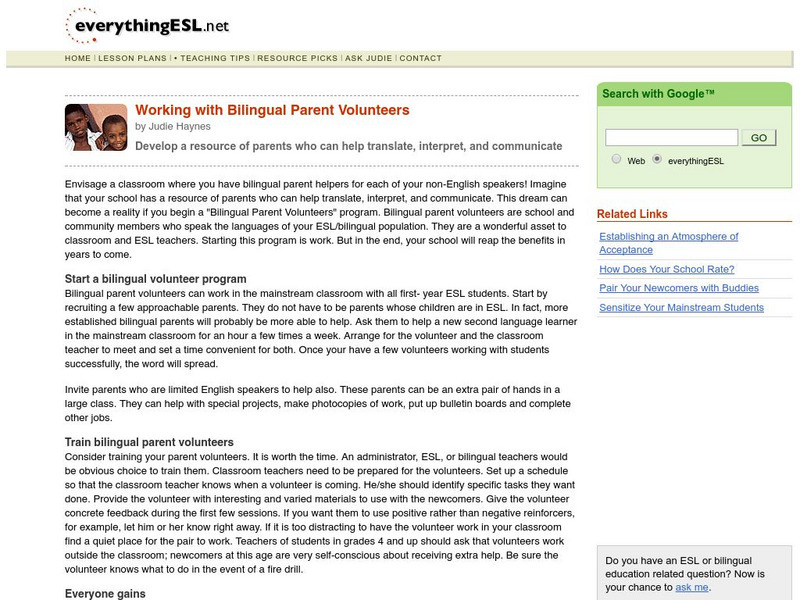 Everything Esl: Working With Bilingual Parent Volunteers Article Everything Esl: Working With Bilingual Parent Volunteers Article