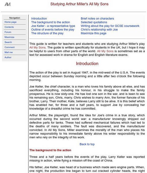 Moore's Teacher Resources: Arthur Miller's "All My Sons" Handout