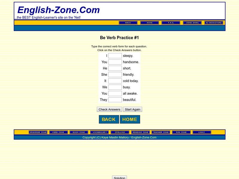 English zone.com: Be Verb Practice #1 Unknown Type English zone.com: Be Verb Practice #1 Unknown Type