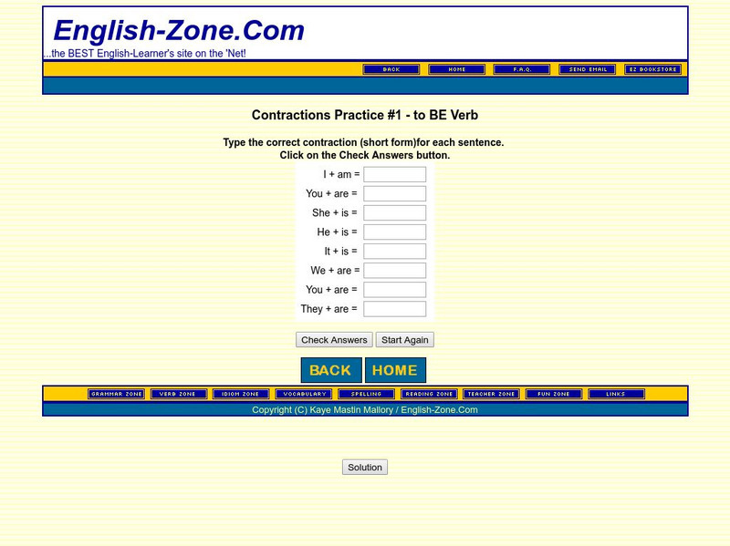 English zone.com: Contractions Practice #1 to Be Verb Unknown Type English zone.com: Contractions Practice #1 to Be Verb Unknown Type
