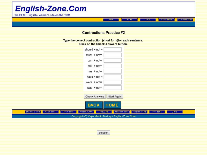 English zone.com: Contractions Practice #2 Unknown Type