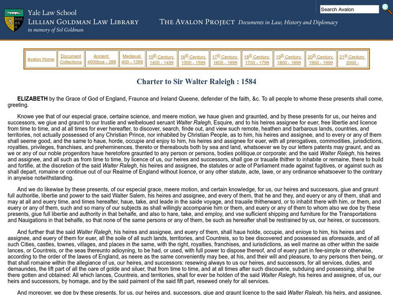 Avalon Project Yale Law School: Charter to Raleigh Handout Avalon Project Yale Law School: Charter to Raleigh Handout