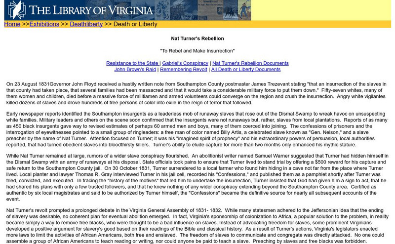 Death or Liberty: Nat Turner's Rebellion: To Rebel and Make Insurrection Handout Death or Liberty: Nat Turner's Rebellion: To Rebel and Make Insurrection Handout