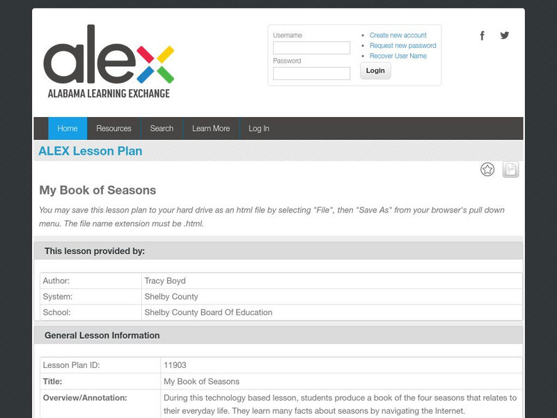 Alex: My Book of Seasons Lesson Plan Alex: My Book of Seasons Lesson Plan