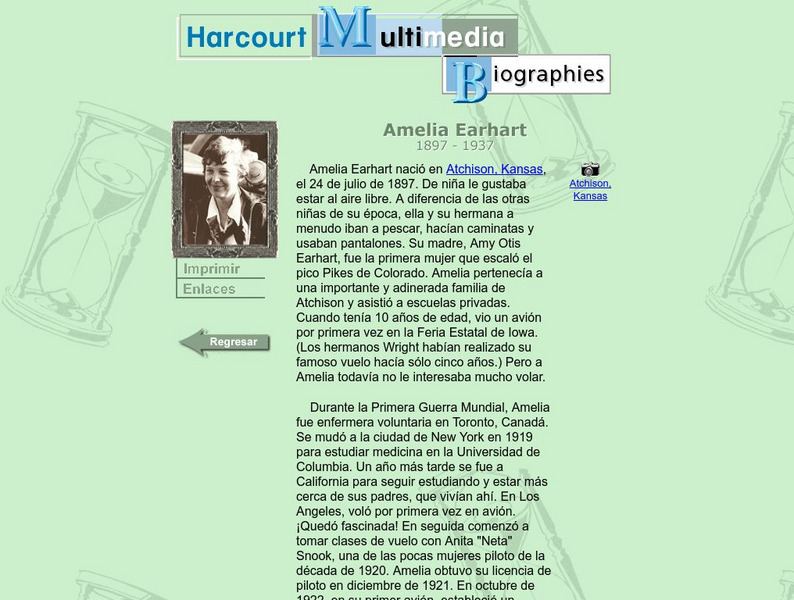Harcourt: Biographies: Amelia Earhart (Espanol) Website Harcourt: Biographies: Amelia Earhart (Espanol) Website