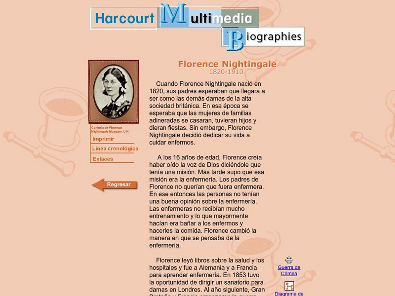 Harcourt: Biographies: Florence Nightingale (In Spanish) Website