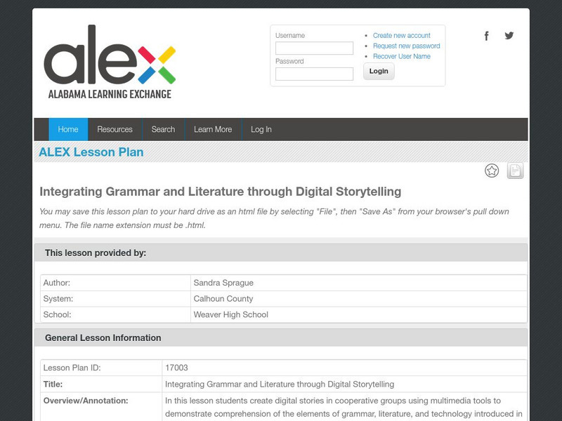 Alex: Grammar and Literature Through Digital Storytelling Lesson Plan Alex: Grammar and Literature Through Digital Storytelling Lesson Plan