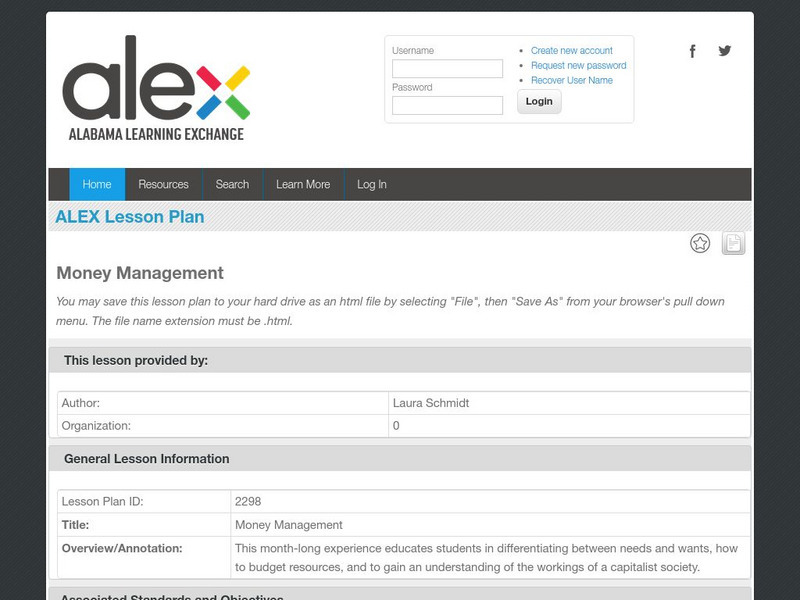Alex: Money Management Lesson Plan Alex: Money Management Lesson Plan