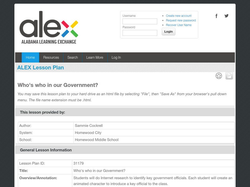 Alex: Who's Who in Our Government? Lesson Plan Alex: Who's Who in Our Government? Lesson Plan