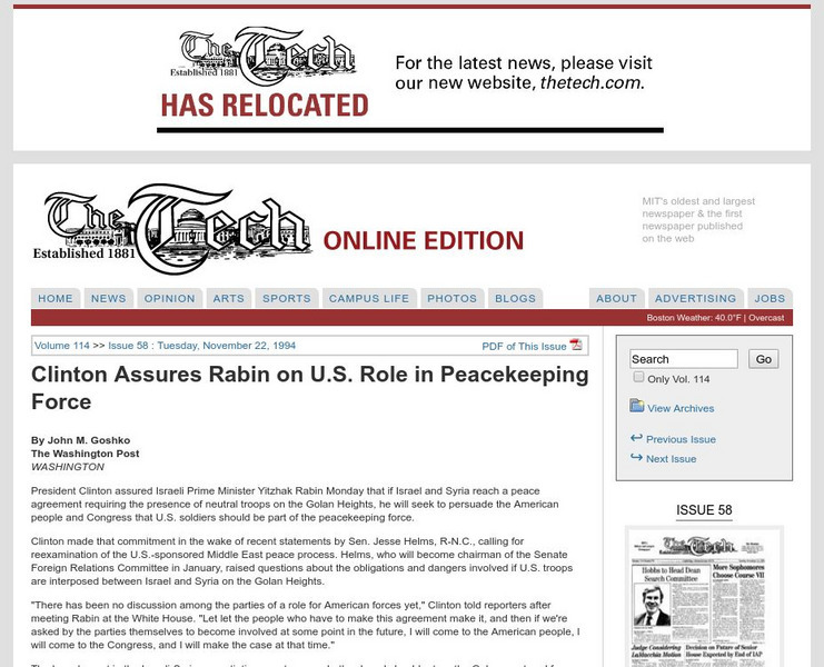 Mit: The Tech: Clinton Assures Rabin on u.s. Role Article