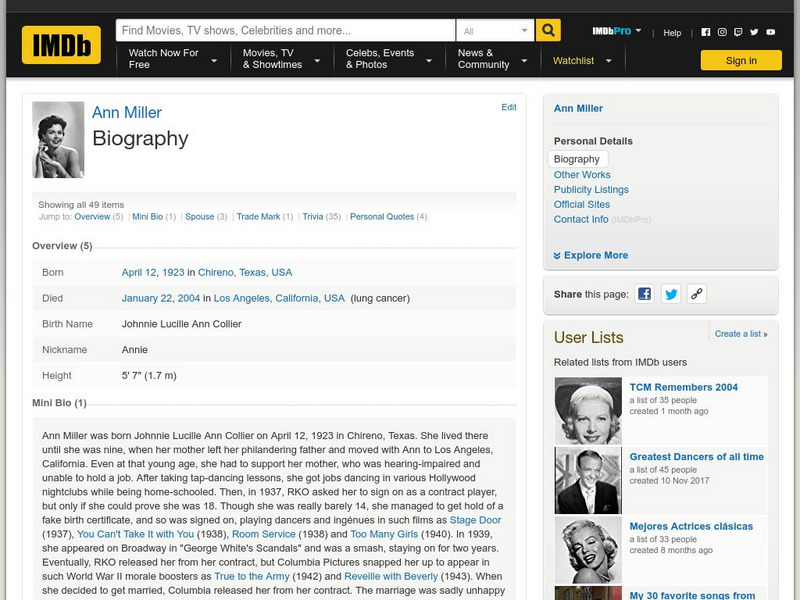 Internet Movie Database: Bio for Ann Miller Handout Internet Movie Database: Bio for Ann Miller Handout