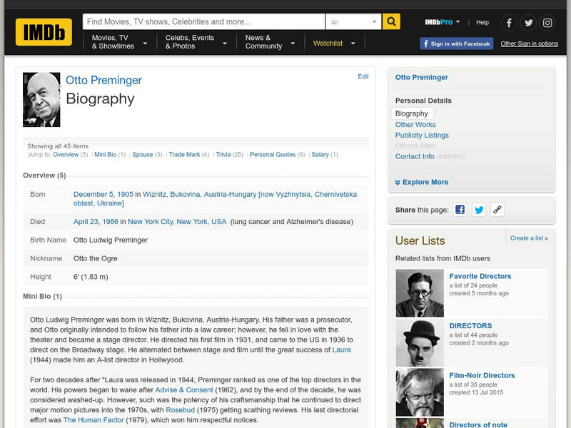 Internet Movie Database: Otto Preminger Website