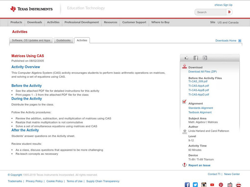 Texas Instruments: Matrices Using Cas Activity Texas Instruments: Matrices Using Cas Activity