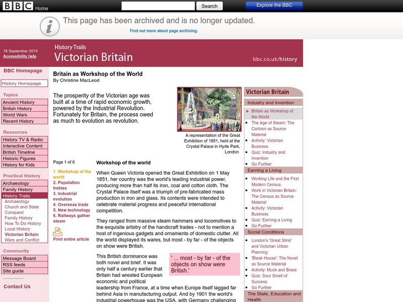Bbc History: History Trails: Victorian Britain: Britain as Workshop of the World Website