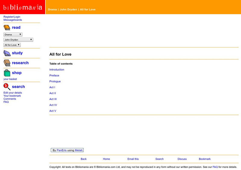 Bibliomania: John Dryden All for Love Handout