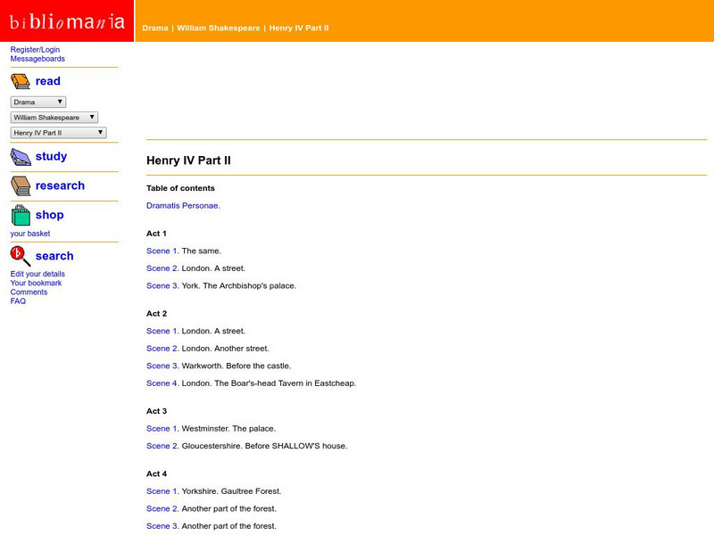 Bibliomania: Shakespeare Henry Iv Part Ii Handout