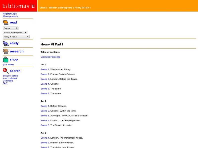 Bibliomania: Shakespeare Henry Vi Part I Handout