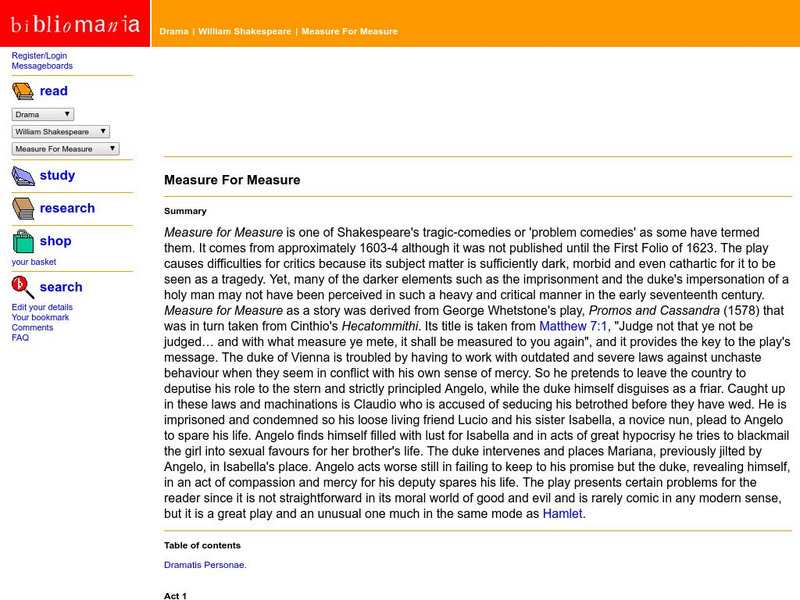 Bibliomania: Shakespeare "Measure for Measure" Handout Bibliomania: Shakespeare "Measure for Measure" Handout