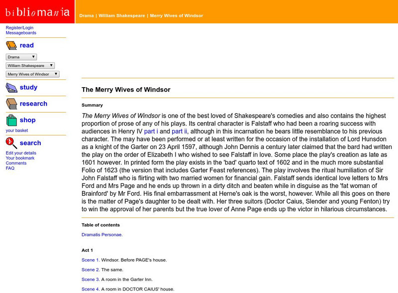 Bibliomania: Shakespeare "The Merry Wives of Windsor" Handout Bibliomania: Shakespeare "The Merry Wives of Windsor" Handout