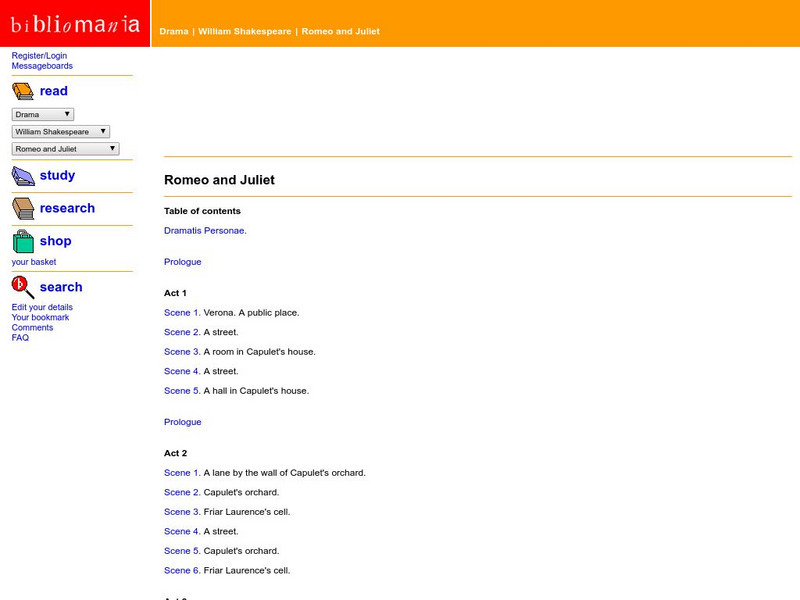 Bibliomania: Shakespeare Romeo and Juliet Handout Bibliomania: Shakespeare Romeo and Juliet Handout