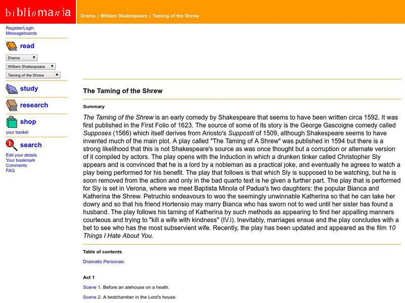 Bibliomania: Shakespeare the Taming of the Shew Handout