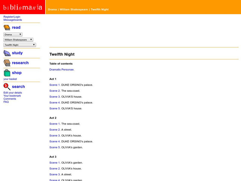 Bibliomania: Shakespeare Twelfth Night Handout Bibliomania: Shakespeare Twelfth Night Handout