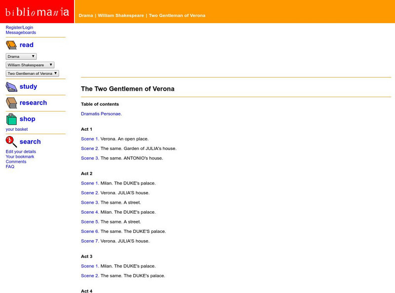 Bibliomania: Shakespeare the Two Gentlemen of Verona Handout